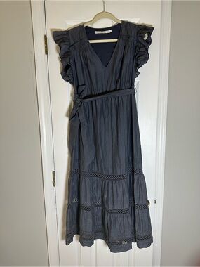 Marie Oliver Juliet Charcoal Ruffle-Sleeve Midi Dress